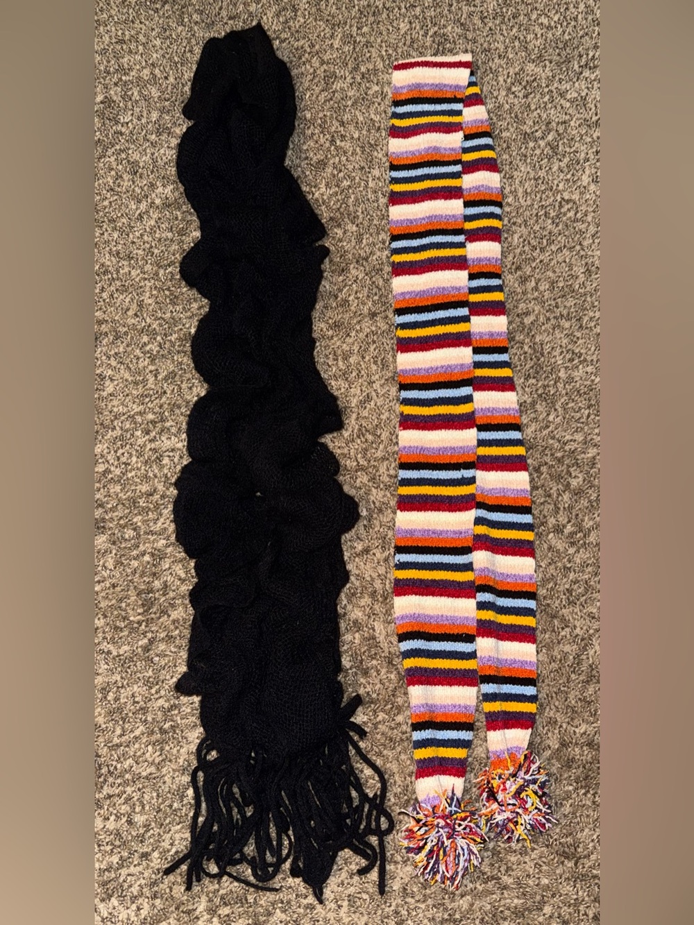 Black Ruffle Scarf & Multicolor Striped Knit Scarf